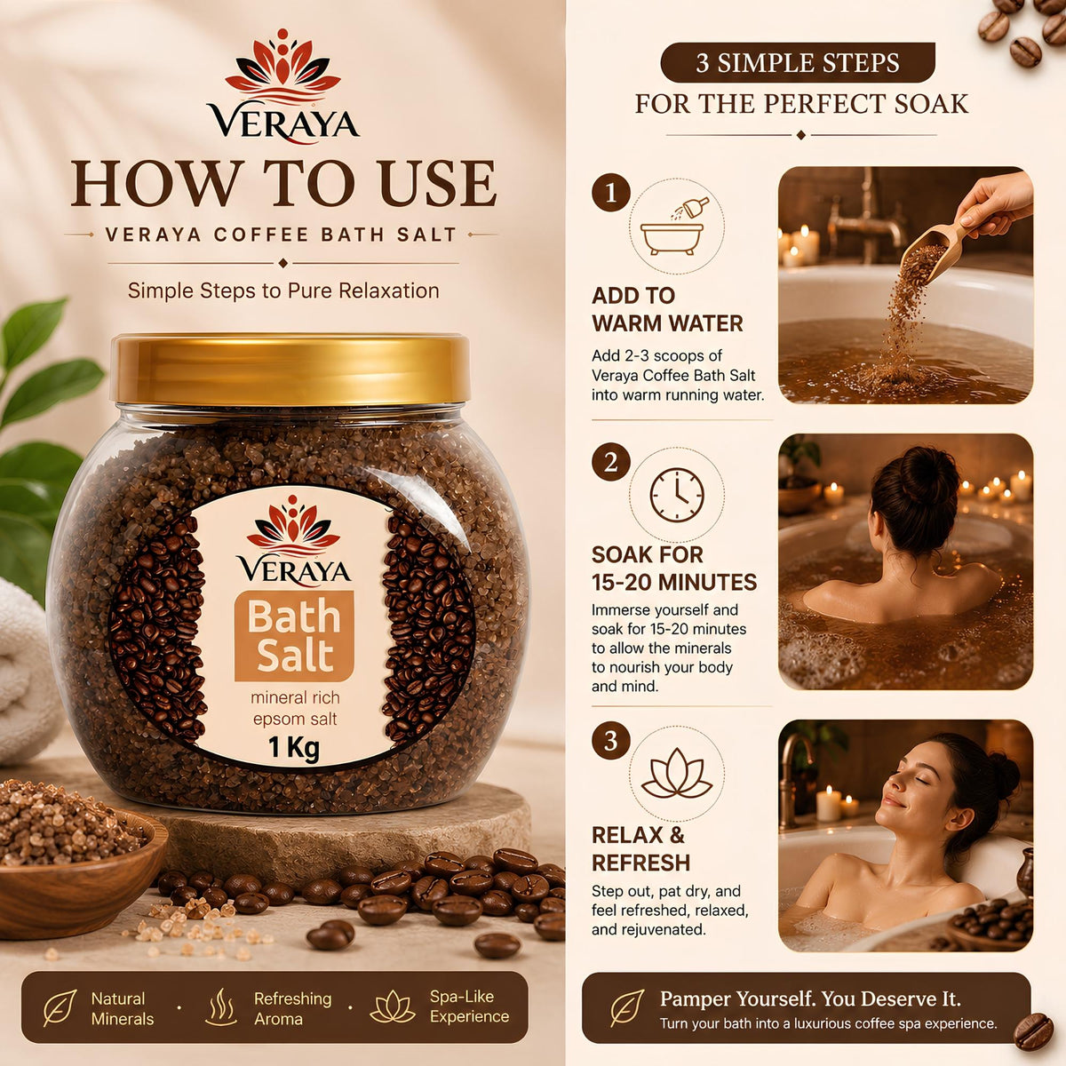 Veraya Coffee Epsom Bath Salt | Energizing Magnesium Soak for Tired Muscles