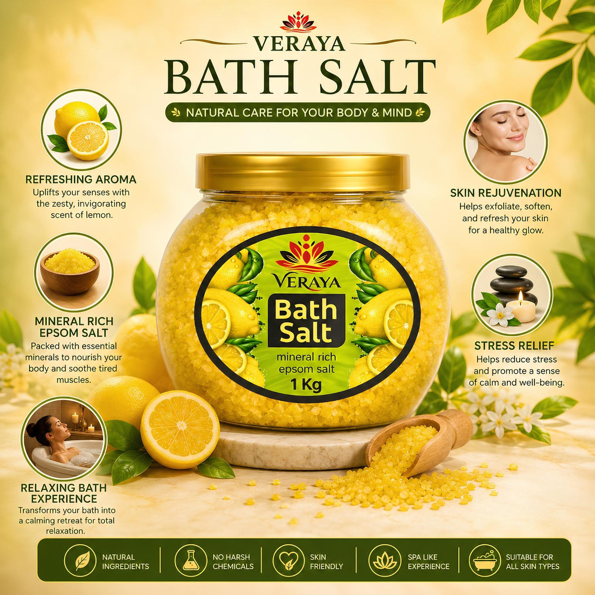 Veraya Lemon Epsom Bath Salt | Refreshing Magnesium Soak for Tired Muscles