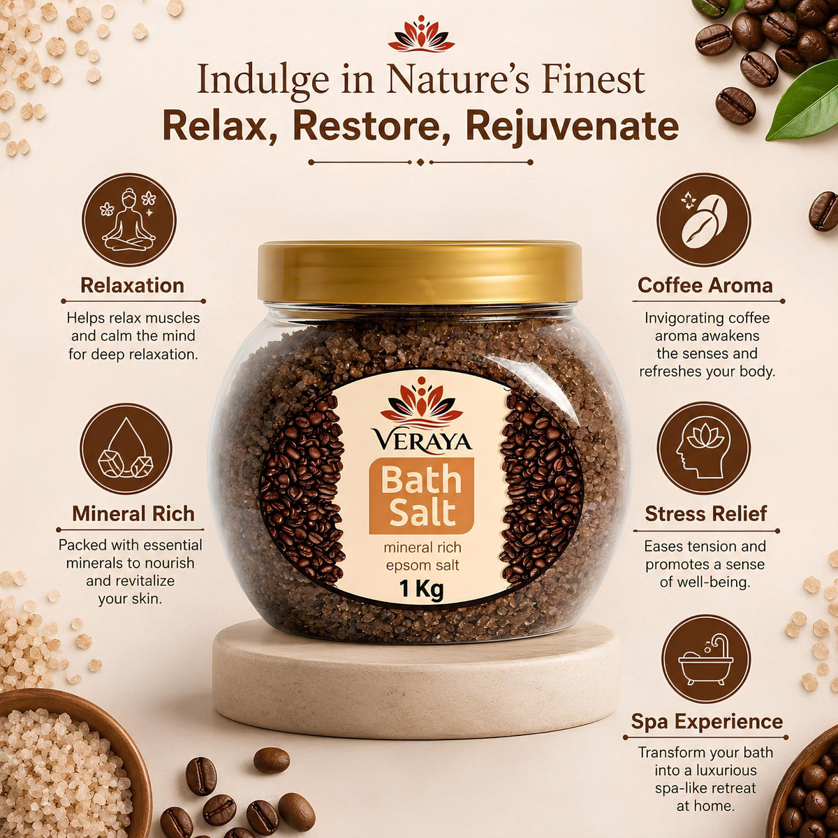Veraya Coffee Epsom Bath Salt | Energizing Magnesium Soak for Tired Muscles