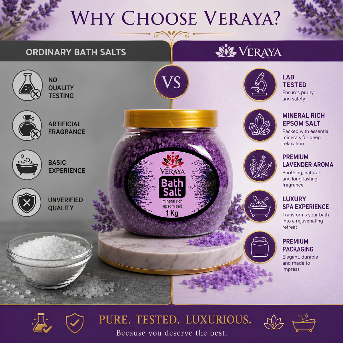 Veraya Lavender Epsom Bath Salt | Relaxing Magnesium Soak for Sore Muscles