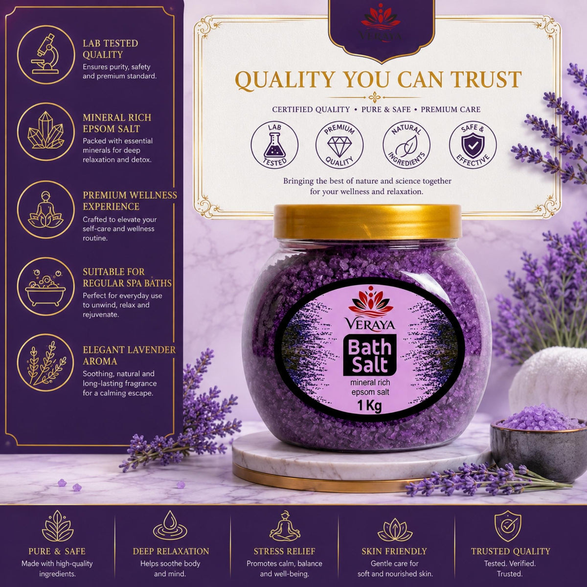 Veraya Lavender Epsom Bath Salt | Relaxing Magnesium Soak for Sore Muscles