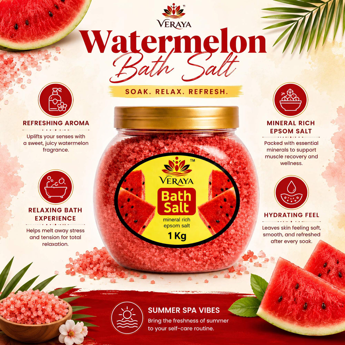 Veraya Watermelon Epsom Bath Salt | Refreshing Magnesium Soak for Tired Muscles
